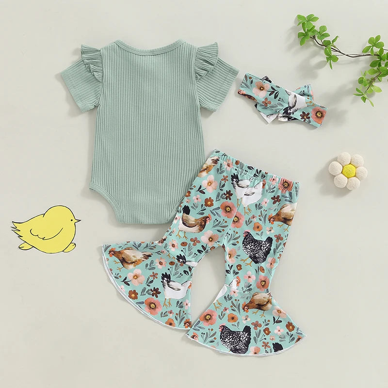 Baby Girl 3Pcs Romper Outfit Ribbed Ruffled Short Sleeve Jumpsuit with Floral / Chicken Flare Pants Headband Set