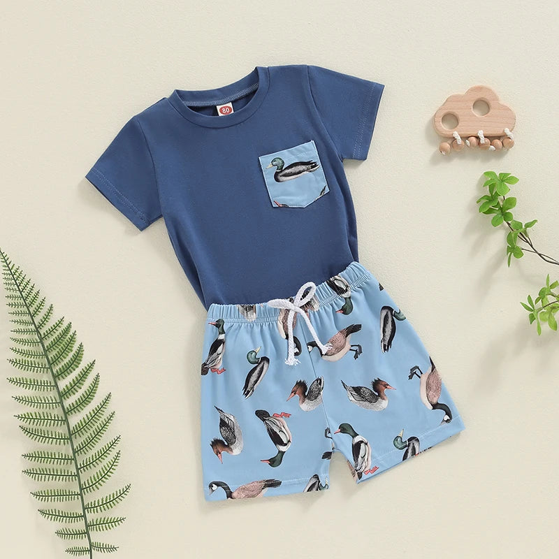 Baby Toddler Boys 2Pcs Summer Outfit Duck Print Short Sleeve Top Pocket Elastic Waist Shorts Set