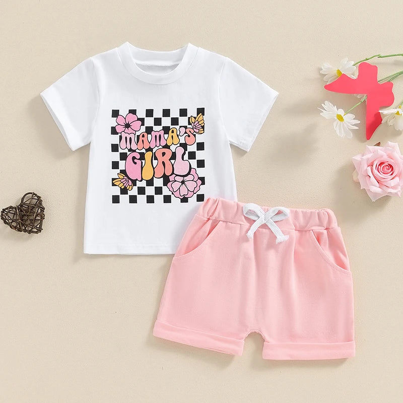 Baby Toddler Girls 2Pcs Mama's / Daddy's Girl Summer Outfit Letter Floral Flowers Checker Print Short Sleeve Top with Solid Color Elastic Waist Shorts Set