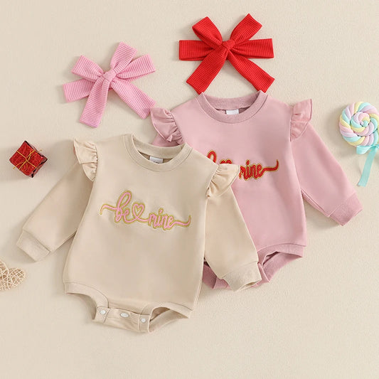 Baby Girl 2Pcs Be Mine Valentine’s Day Outfit Ruffle Long Sleeve Letters Embroidery Bubble Romper with Headband Set