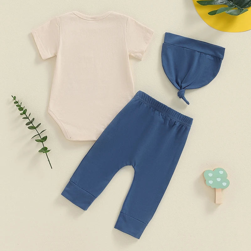 Baby Boys 3Pcs Here Comes the Son Outfit Sun Letters Print Short Sleeve Romper with Elastic Waist Long Pants and Hat Set