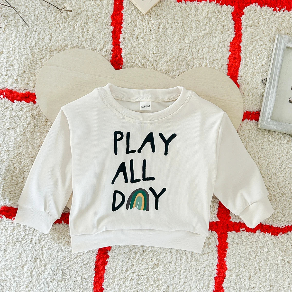 Baby Toddler Boys Girls 2Pcs Play All Day Words Letters Rainbow Print Pullover Top + Striped Pants Outfit Set