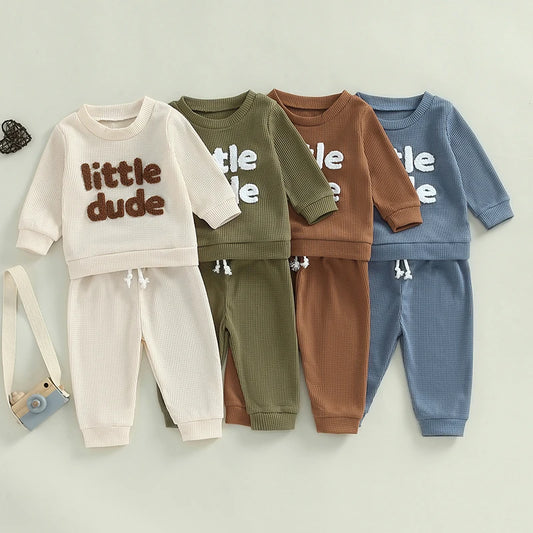 Baby Toddler Boys 2Pcs Little Dude Waffle Outfit Letter Embroidery Long Sleeve Top with Elastic Waist Solid Pants Set