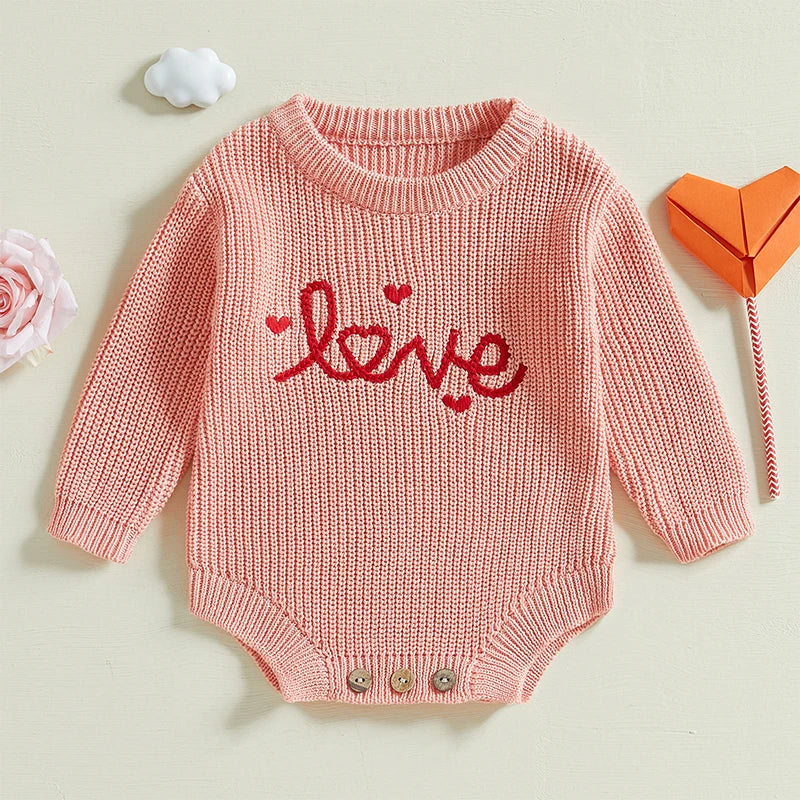 Baby Girl Boy Love Valentine’s Day Romper Long Sleeve O-Neck Letter Embroidery Knit Jumpsuit Sweater Bodysuit