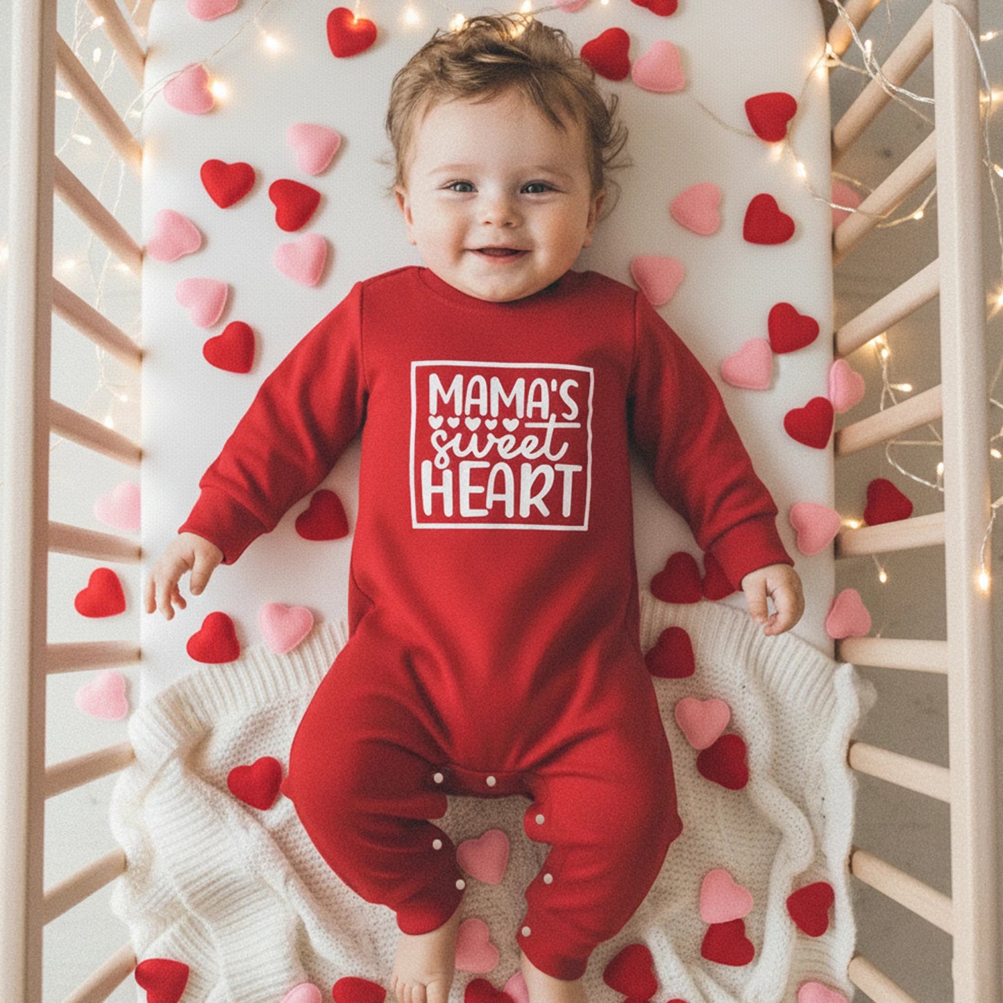 Baby Boy Girl Mama's Sweet Heart Valentine's Day Romper Crew Neck Long Sleeve Letters Heart Print Jumpsuit