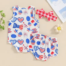 Load image into Gallery viewer, Baby Girls 3Pcs Independence Day Clothing Sets Sleeveless Tank Top Cartoon Heart Flag Fireworks 4th of July Pattern Print Romper Shorts Set Headband Outfit
