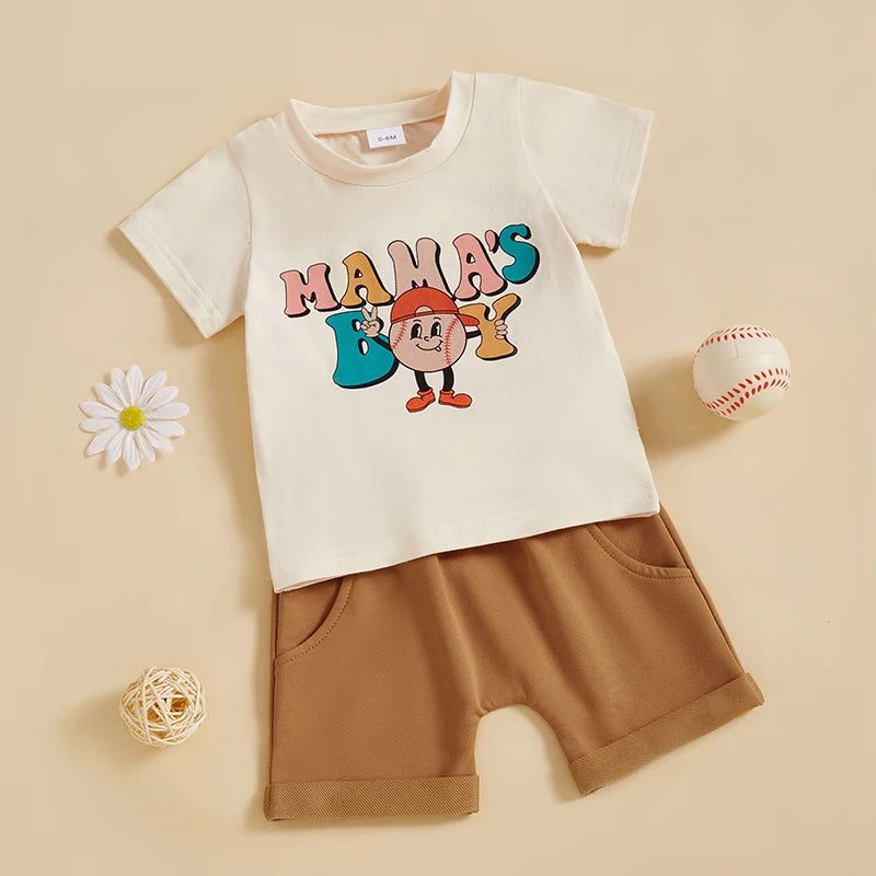 Baby Toddler Boys 2Pcs Mama's Boy Summer Outfit Letter Baseball Print O-Neck Short Sleeve Top with Elastic Waist Shorts Set