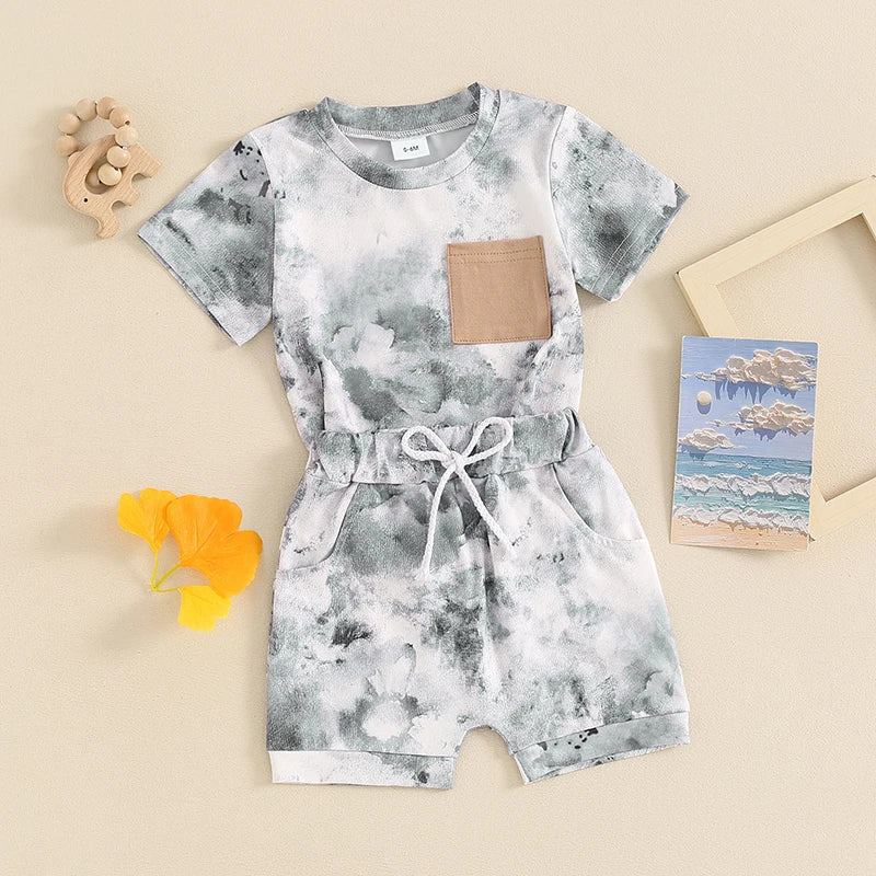 Toddler Baby Boys Girls 2Pcs Clothes Set Tie-dye Print Short Sleeve Top with Elastic Waist Shorts Summer Outfit