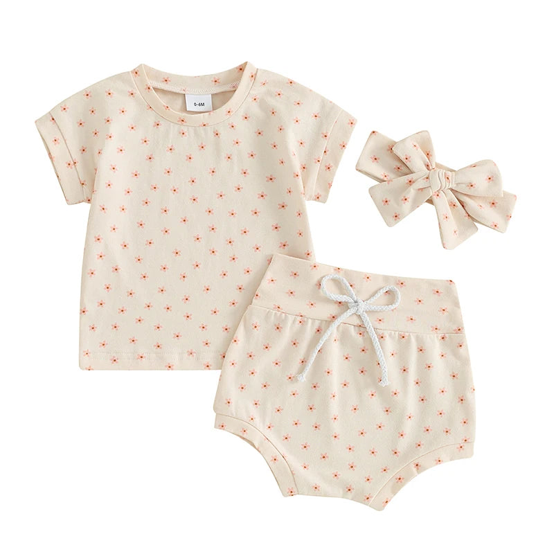 Baby Toddler Girl 3Pcs Clothing Sets Cotton Floral Flowers Print Short Sleeve Pullover Top + High Waist Shorts + Headband