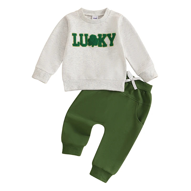 Baby Toddler Girl Boy 2Pcs Lucky St. Patrick's Day Spring Outfit Letter Shamrock Four Leaf Clover Embroidery Long Sleeve Crewneck Top with Elastic Waist Solid Pants Jogger Set