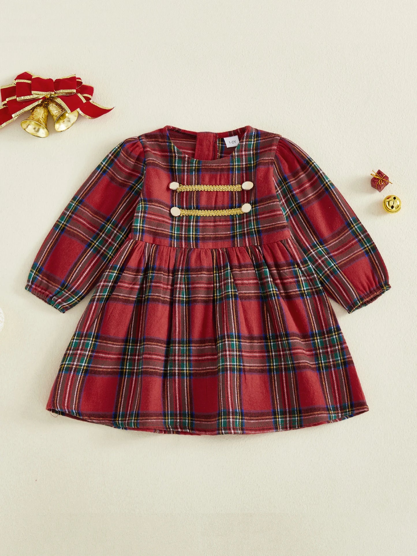 Toddler Kids Girls Sweet Plaid Dress Christmas Long Puff Sleeve Round Neck  A-line Dress