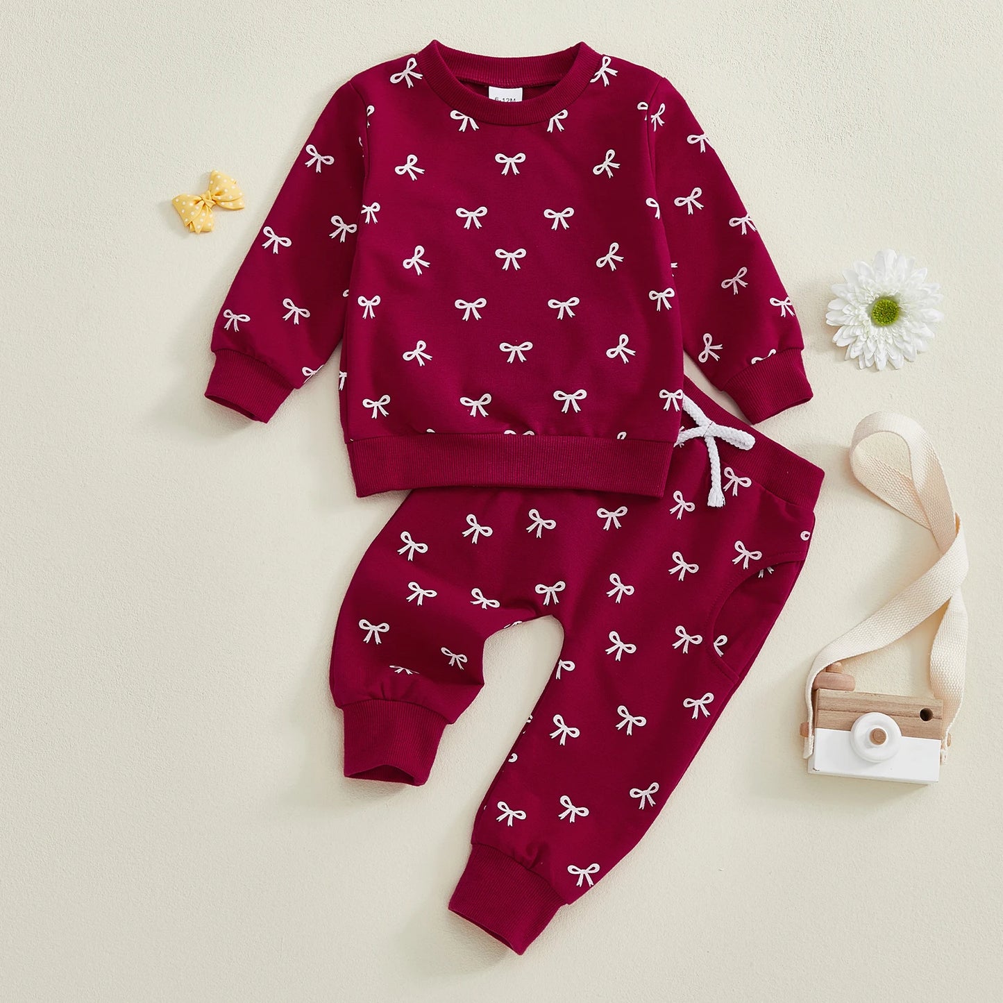 Baby Toddler Girl 2Pcs Fall Outfits Bow Print Long Sleeve Round Neck Pullover + Elastic Waist Long Pants 2Pcs Jogger Set
