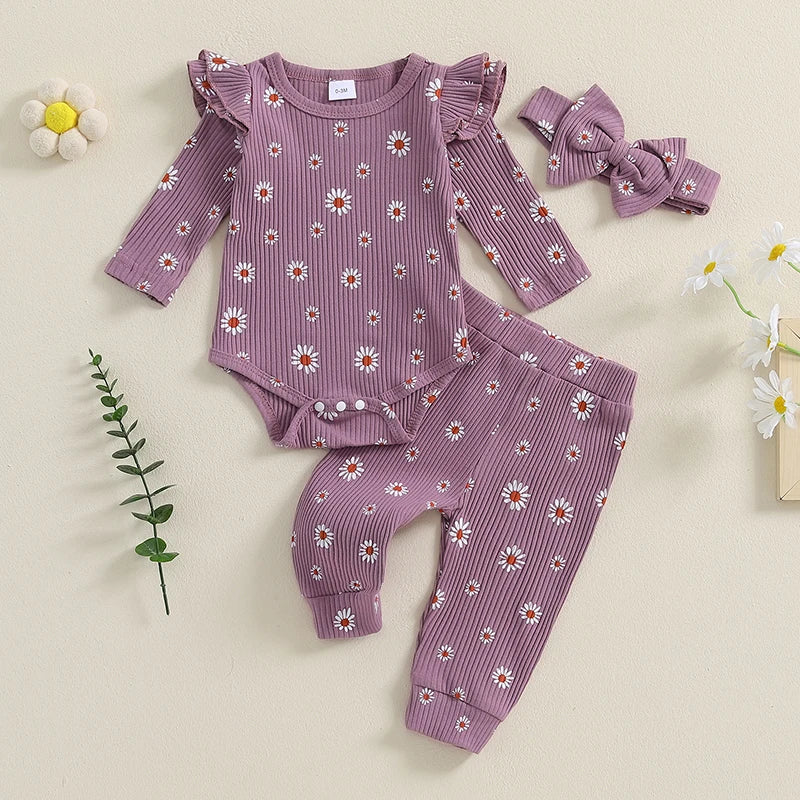 Baby Girls 3Pcs Ribbed Outfit Daisy Flower Print Long Sleeve Romper Elastic Waist Pants Headband Fall Set