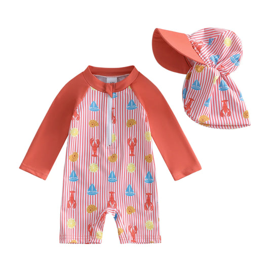 Baby Toddler Boy 2Pcs Rash Guard Swimsuit Shrimp Print Long Sleeves Front Zipper Striped Bathing Suit with Hat Set