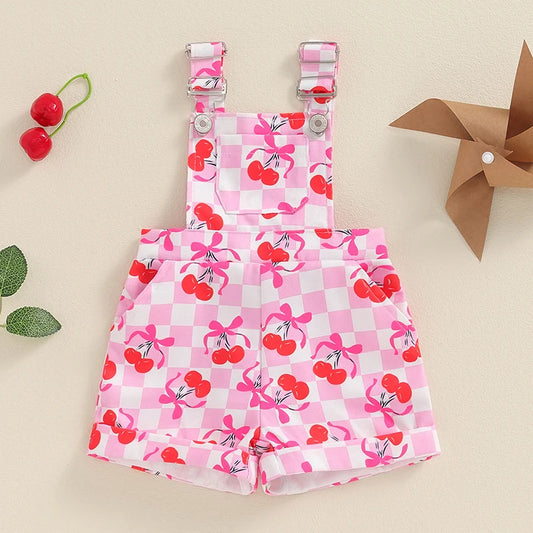 Baby Toddler Girls Shorts Overalls Cherry Checker Print Square Neck Romper Sleeveless Suspender Jumpsuit Romper