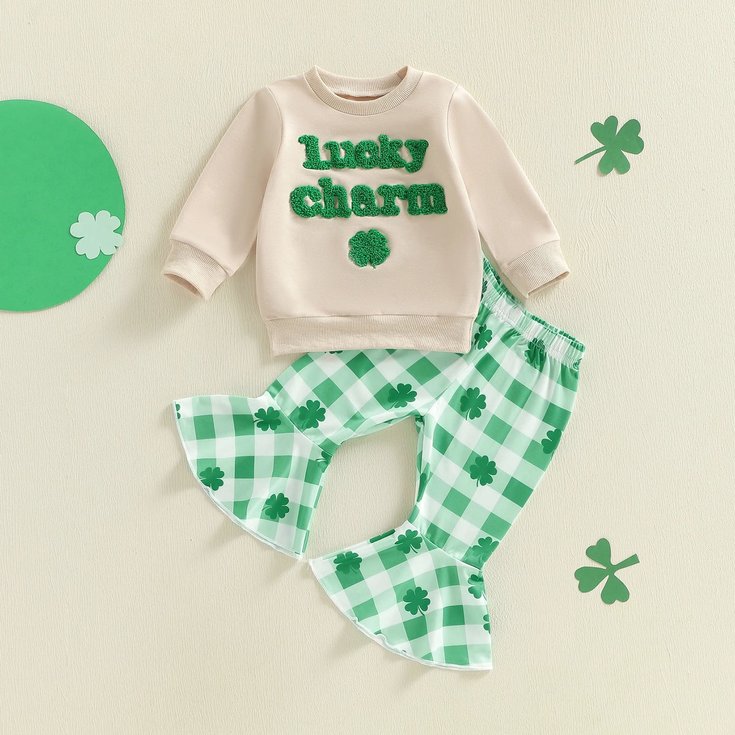 Baby Toddler Girls 2Pcs Lucky Charm Outfit Letter Embroidery Long Sleeve Round Neck Pullover Top Elastic Waist Plaid Flare Pants St. Patrick's Day Set