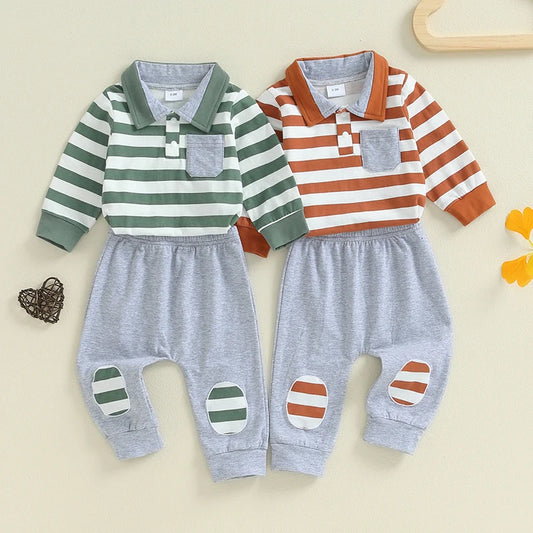 Baby Boys 2Pcs Fall Outfit Stripe Turn-Down Collar Long Sleeve Romper Elastic Waist Long Pants Set