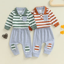 Load image into Gallery viewer, Baby Boys 2Pcs Fall Outfit Stripe Turn-Down Collar Long Sleeve Romper Elastic Waist Long Pants Set
