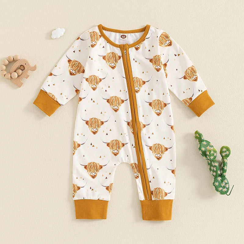 Baby Boys Girls Jumpsuit Long Sleeve Highland Cow Horse Print Fall Zipper Romper