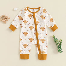 Load image into Gallery viewer, Baby Boys Girls Jumpsuit Long Sleeve Highland Cow Horse Print Fall Zipper Romper
