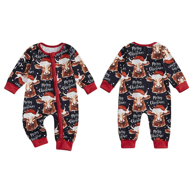 Baby Boys Girls Christmas Jumpsuit Bull Cow Santa Hat Merry Christmas Letter Print Round Neck Long Sleeve Zipper Romper