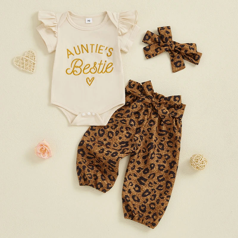 Baby Girls 3Pcs Auntie's Bestie Outfit Short Sleeve Letter Print Romper with Leopard Pattern Print Belted Pants and Headband Set