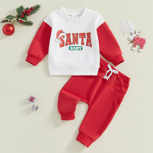 Baby Toddler Boys Girls 2Pcs Santa Baby Christmas Jogger Set Letter Hat Print Contrast Color Long Sleeve Crewneck Top Long Pants Outfit