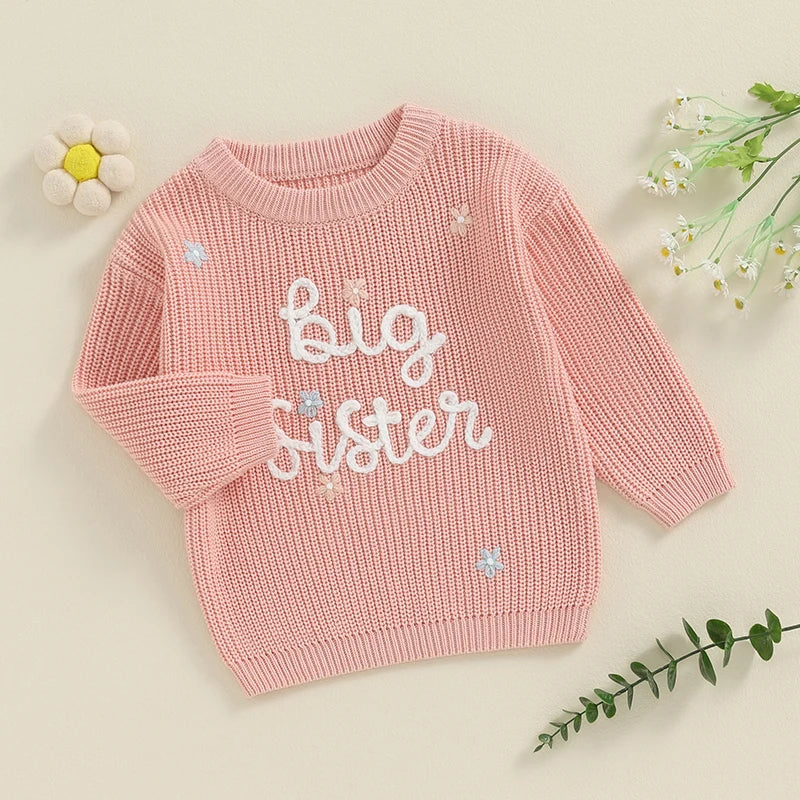 Toddler Kids Girl Big Sister Sweater Cute Long Sleeve Letter Embroidery Knit Pullover Loose Top