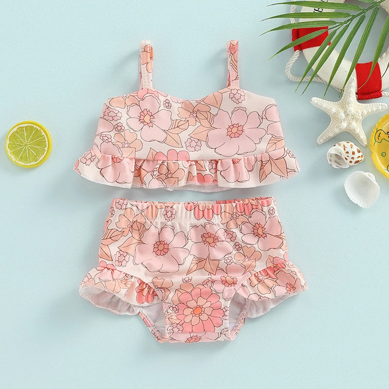 Baby Toddler Girls 2Pcs Bikini Sets Scale/Shell/Floral Print Sleeveless Tank Top and Bottoms Bathing Suit Set