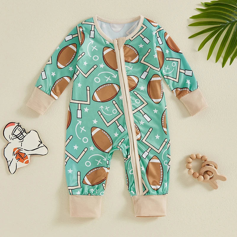 Baby Boy Long Sleeve Romper Football Print Front Zipper Jumpsuit Fall