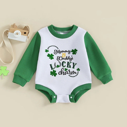 Toddler Baby Girl Boy Saint Patrick's Day Mommy And Daddy's Lucky Charm Letter Print Long Sleeve Romper