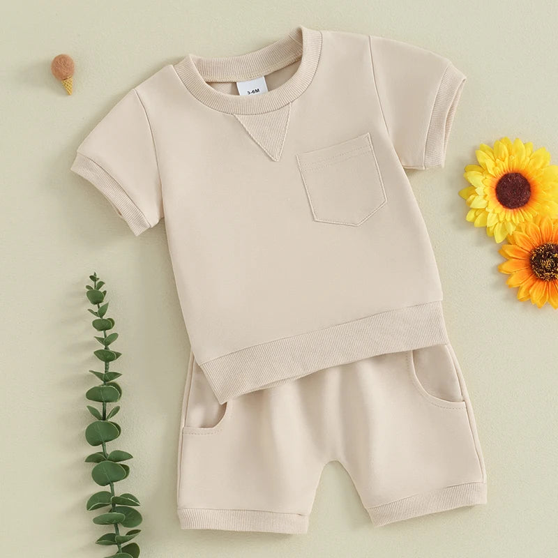 Baby Toddler Boy Girl 2Pcs Spring Summer Clothes Solid Color Short Sleeve O-Neck Top with Matching Shorts Set Outfit