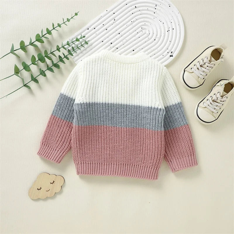 Baby Toddler Boys Girls Knit Sweater Contrast Color Pocket Crewneck Pullover Long Sleeve Top