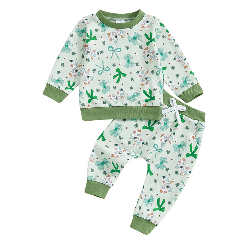 Baby Toddler Girls 2Pcs St. Patrick's Day Outfit Long Sleeve O Neck Bow Clover Shamrock Print Top Pants Jogger Set