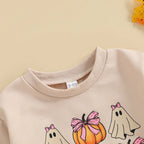Baby Girl Halloween Bodysuit Long Sleeve Bow Ghost Pumpkin Print Bubble Romper Fall Playsuit