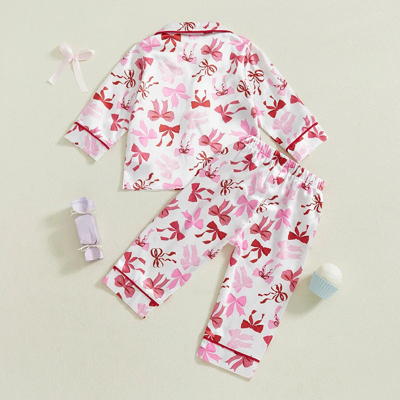 Baby Toddler Girl 2Pcs Pajamas Set Bow Pattern Button Down V Neck Long Sleeve Top and Pants Lounge Wear 2 Pcs PJs Set for Fall Winter