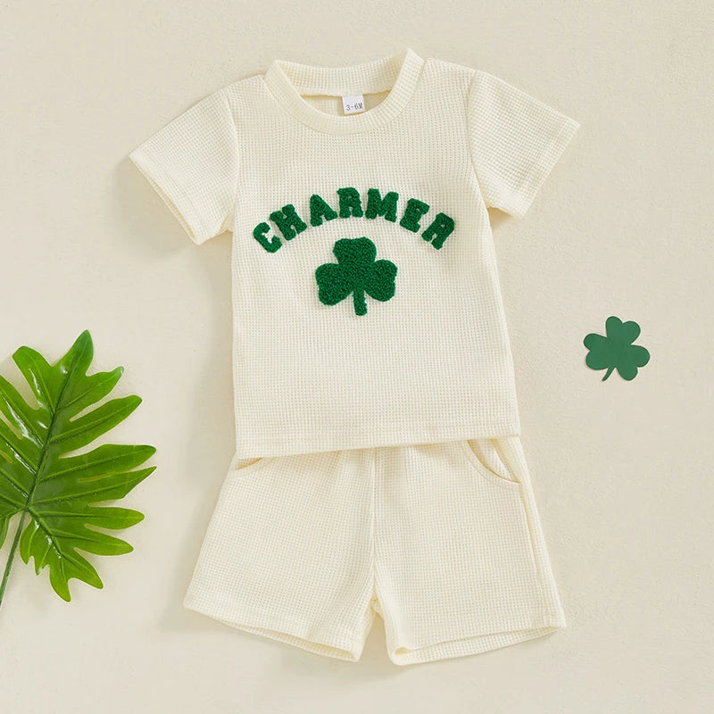 Baby Toddler Boys Girls 2Pcs St. Patrick's Day Clover Charmer Waffle Short Sleeve Shirt Top Spring and Shorts Set Clothes