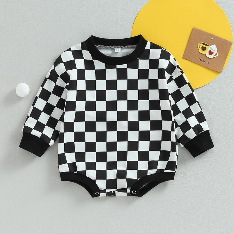 Baby Boy Girl Fall Sweatshirt Bodysuit Checkerboard Print Long Sleeve Jumpsuit Romper