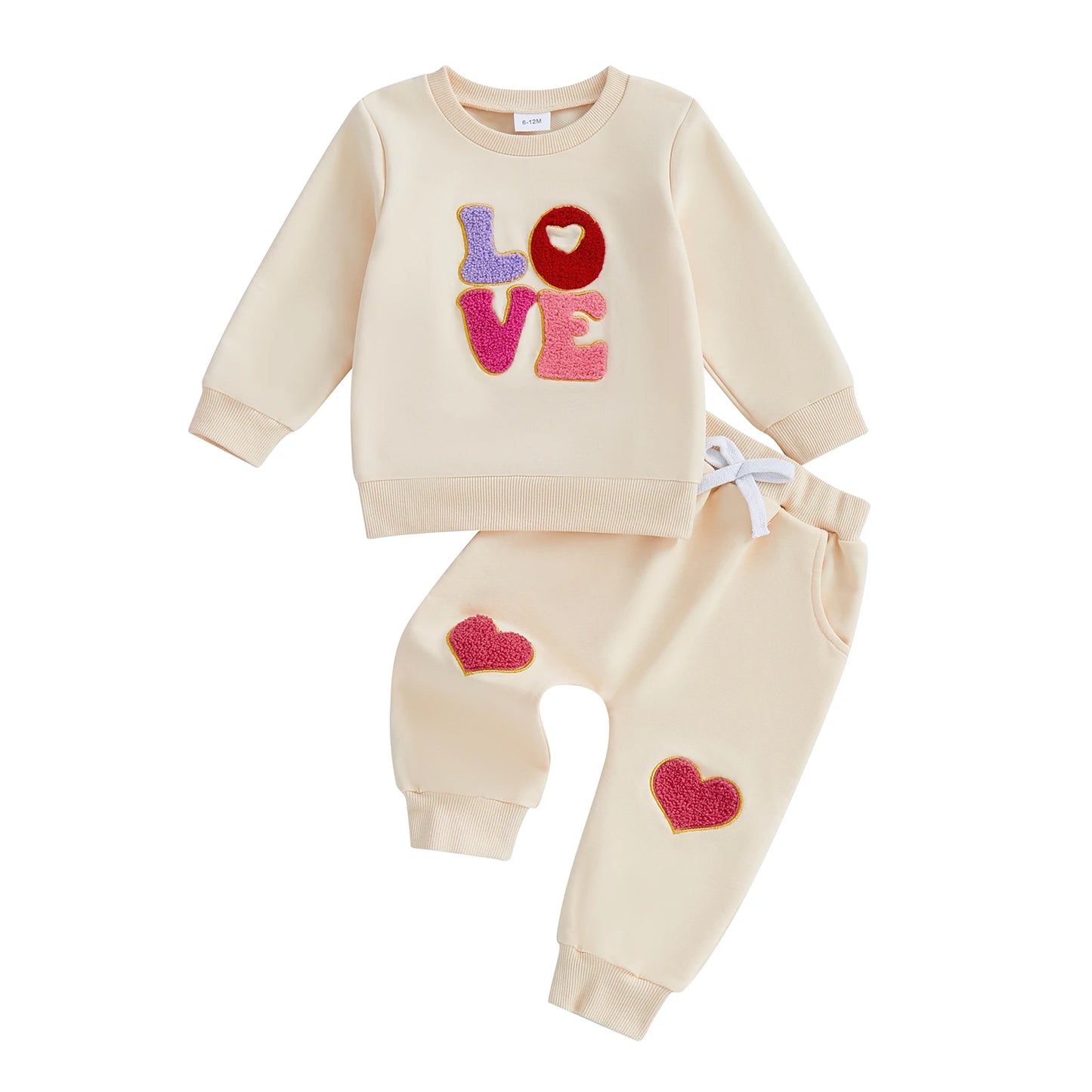 Baby Toddler Girls 2Pcs Valentine's Outfit LOVE Letter Embroidered Long Sleeve Top and Heart Embroidered Pants Jogger Set