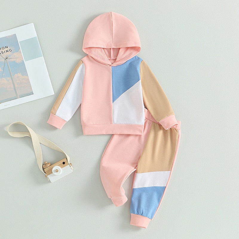 Baby Toddler Boy Girl 2Pcs Outfit Contrast Color Block Long Sleeve Hoodie Long Pant