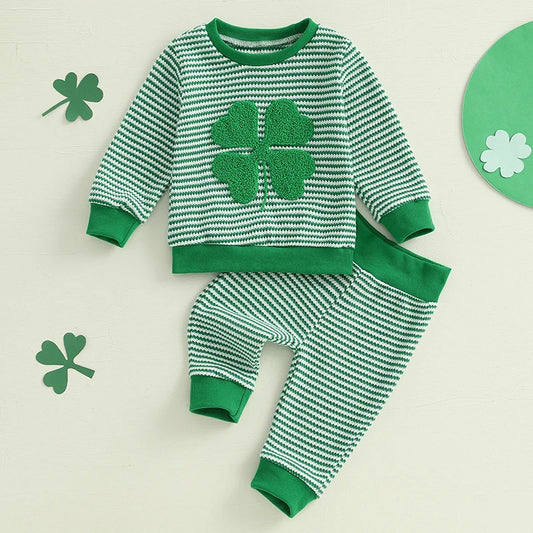 Baby Toddler Girls Boys 2Pcs St. Patrick's Day Outfit Long Sleeve Shamrock Four Leaf Clover Embroidery Crewneck Top + Stripes Jogger Pants Set Spring Clothes