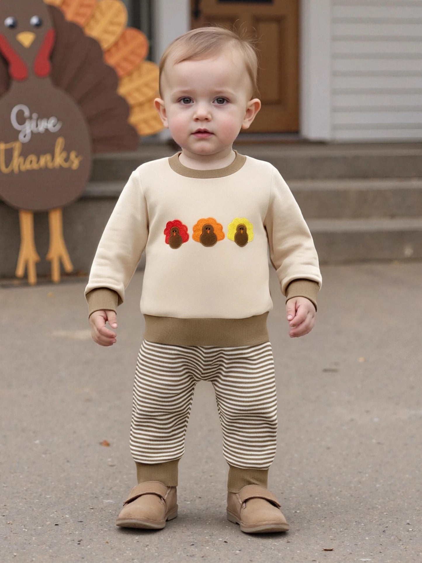 Baby Toddler Boys 2Pcs Jogger Set Long Sleeve Crew Neck Embroidery Gobble Turkey Top with Striped Pants Thanksgiving Clothes