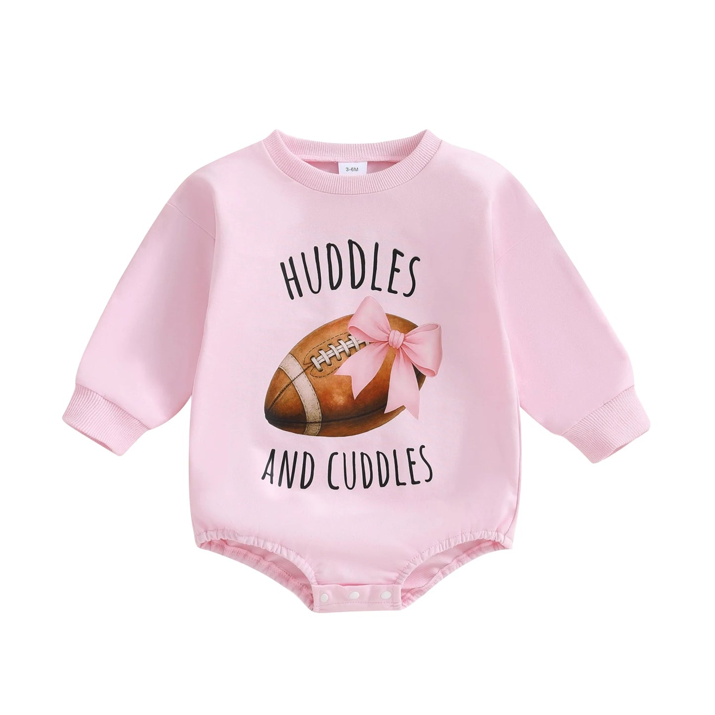 Baby Girl Huddles and Cuddles Bubble Romper Long Sleeve Crew Neck Bow Football Print Bodysuit Clothes