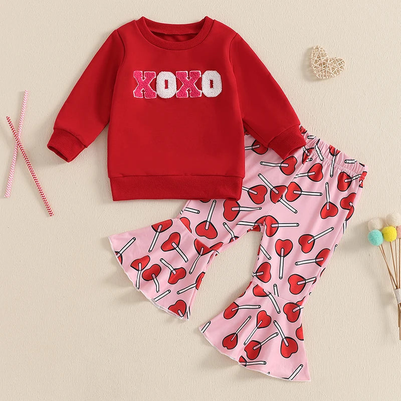 Baby Toddler Girls 2Pcs XOXO Valentine's Day Outfit Letter Embroidery Crew Neck Long Sleeve Top Flare Lolipop Print Pants Clothes Set Valentines