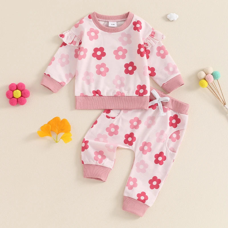 Baby Toddler Girls 2Pcs Fall Outfit Floral Flower Print Flying Sleeve Round Neck Pullover Top with Elastic Waist Pants Set