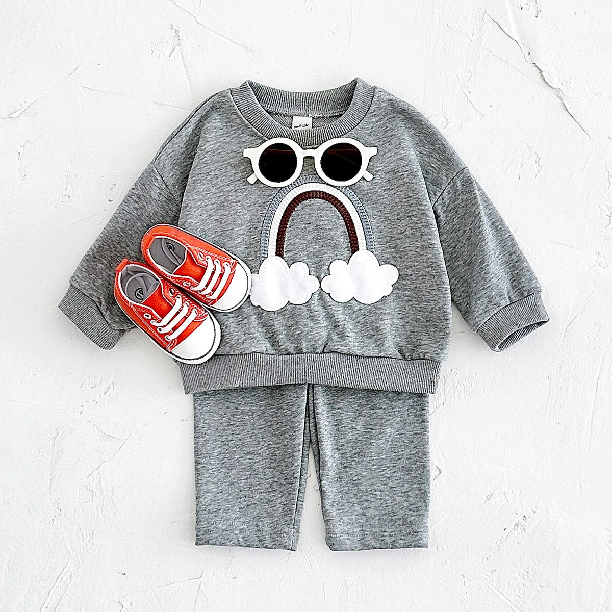 Baby Toddler Boys Girls 2Pcs Rainbow Embroidery Jogger Set Fall Long Sleeve Top + Pants Outfit