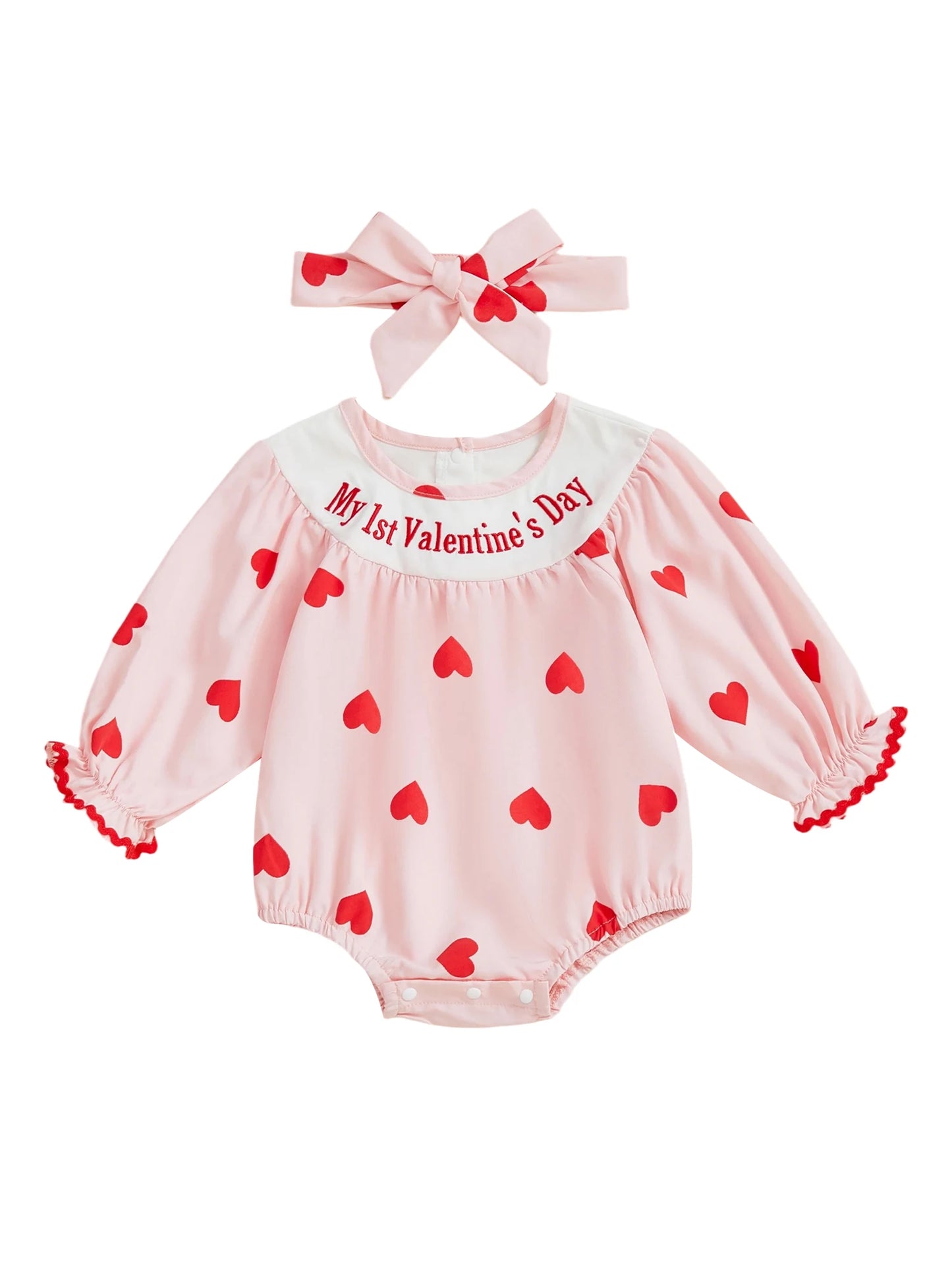 Baby Girl 2Pcs My 1st Valentine's Day Romper with Heart Print and Letter Embroidery Long Sleeve Infant Jumpsuit with Matching Headband Set