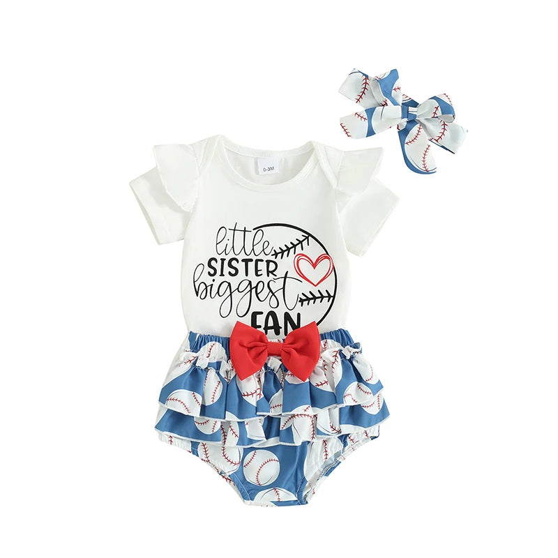 Baby Girl 3Pcs Little Sister Biggest Fan Outfit Letter Print Short Sleeve Romper Baseball Print Ruffles Shorts Skirt Bow Headband Clothes Set