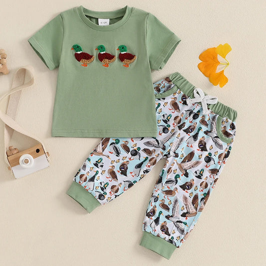 Baby Toddler Boys 2Pcs Outfit Summer Spring Duck Embroidery Short Sleeve T-Shirt Top and Elastic Waist Jogger Pants Set