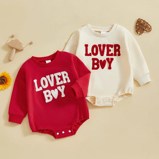 Baby Boy Bubble Romper Valentines Long Sleeve Round Neck Heart Letter Lover Boy Embroidery Bodysuit Valentine's Day